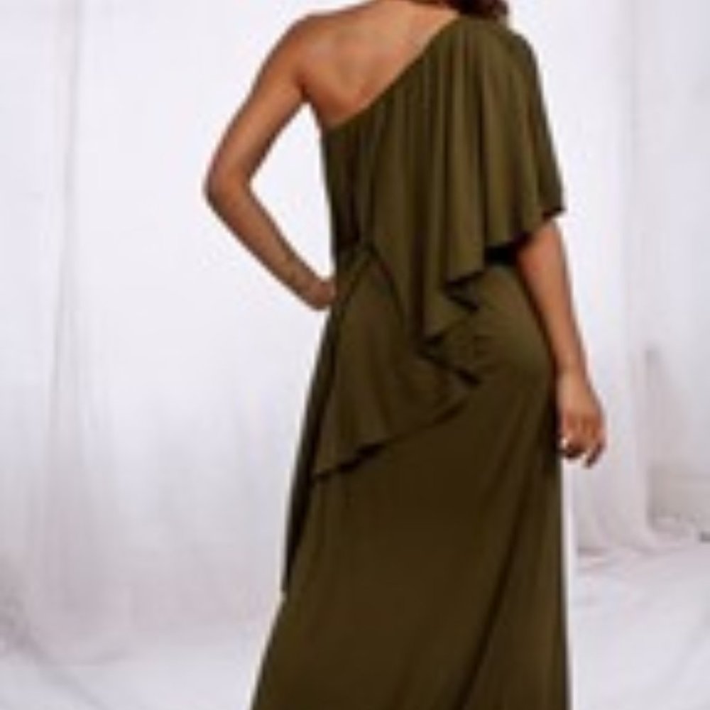 OLIVE ONE-SHOULDER RUFFLE MAXI DRESS - Picture 2 of 5